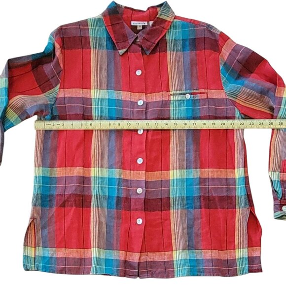 Chico's 100% Linen Red Plaid Long Over-sized Button Front Shirt Size L NWOT NEW - Picture 5 of 9